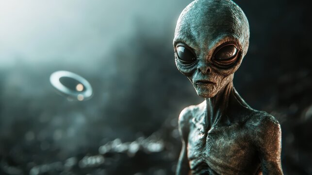 A mysterious alien figure stands amidst a surreal landscape, evoking curiosity about extraterrestrial life.