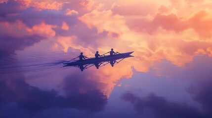 Naklejka premium Rowers in Motion on a Serene Glassy Lake at Sunset