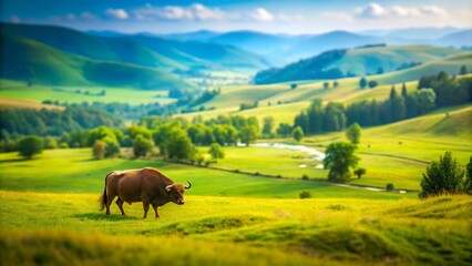 Naklejka premium Tilt-Shift Photography of a Buffalo in a Scenic Landscape for Stunning Visual Appeal