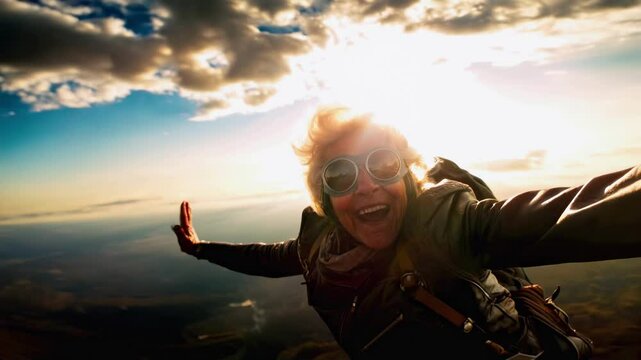 Grandmother taking a selfie while skydiving, parachute jumping free fall, flying in the sky, active senior lifestyle