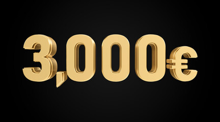 three thousand euros with gold texture, 3D numbers, 3D euro symbol