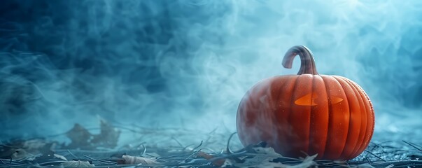 Moonlit pumpkin in fog, Halloween background, high contrast, hyper realistic, copy space, pro photography.