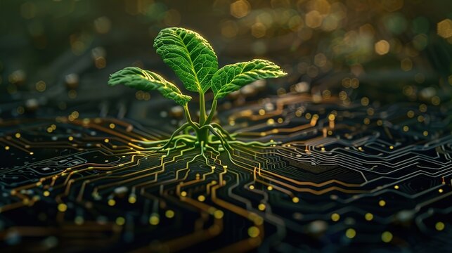 A sprout grows from a circuit board, symbolizing the future of technology. .