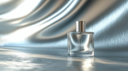 This image showcases a sophisticated perfume bottle on a smooth surface with a shiny fabric backdrop, emphasizing its elegant design and luxurious feel.