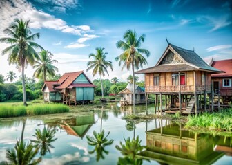 Traditional Cambodian Wooden Houses in Village Setting for Cultural Photography