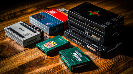 collection of retro gaming cartridges and controllers arranged on a wooden surface,