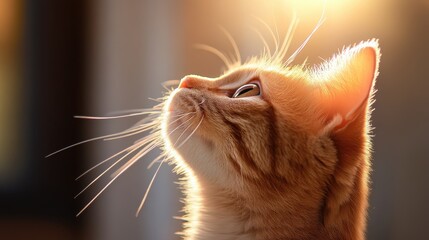 A side profile of a cat soaking up the golden sunlight, highlighting the soft features of its face and whiskers, evoking tranquility and warmth in natural light.