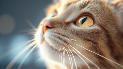 A ginger cat, vibrant eyes reflecting the light, seems lost in thought while gazing upwards, capturing a sense of wonder and the vastness of the sky.