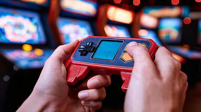 close-up of hands playing a vintage 90s handheld gaming device, with blurred arcade machines in the background