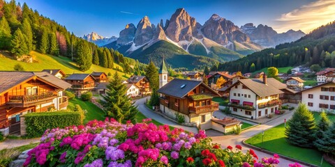 Obraz premium Traditional Village in the Dolomites - Scenic Alpine Charm and Cultural Heritage