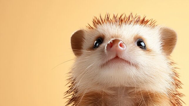 This portrait features a hedgehog with its soft spikes, captured against a warm yellow background, offering an intriguing blend of cuteness and natural elegance.