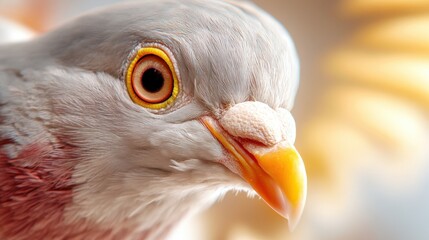 A close-up image of a pigeon, highlighting the bright yellow eye and intricate feather details. It shows the bird's alertness and natural beauty in vivid detail.