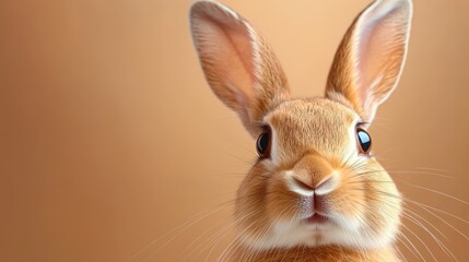 Obraz premium A delightful image of a rabbit with expressive ears and bright eyes, set against a smooth, warm background, exuding curiosity and readiness for adventure.