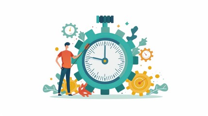 A person stands next to a large clock, symbolizing time management and productivity.