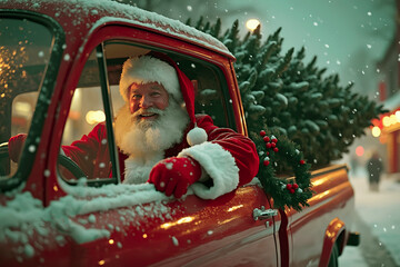 Portrait of santa claus with smiley face driving in red pickup retro vintage car loaded with a Christmas tree and gifts. Santa Claus is driving a Christmas fir in vehicle truck. snowy weather. Evening