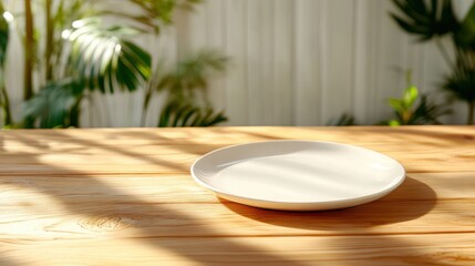 An empty white plate sits on a natural wood table bathed in sunlight, with shadows cast by surrounding foliage, creating an inviting outdoor dining atmosphere. - Powered by Adobe