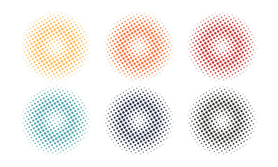 Set of colored halftone dots faded gradient texture. Grunge halftone dot grit background. Sand noise retro pixelated vector backdrop circle halftone. Abstract dotted circles, around halftones