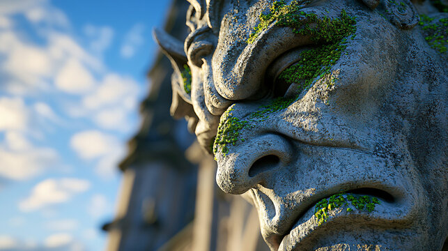 close-up of a grimacing gargoyle face with moss and lichen growing on its features