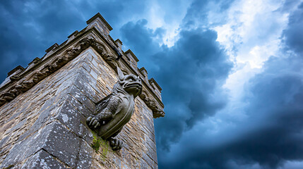 Fototapeta premium weathered stone gargoyle perched on the corner of a medieval castle tower