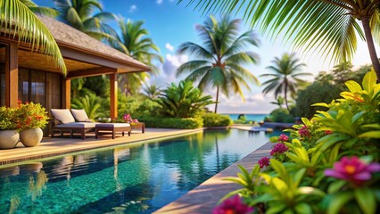 Fototapeta premium Tropical Beach Resort with Stunning Swimming Pool and Cozy Living Room View