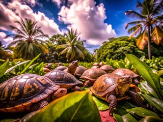 Naklejka premium Turtles in Suriname's Lush Jungle Habitat - High Depth of Field Photography