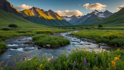 Lush green valley nestled between towering mountains, with wildflowers and a small river flowing through.
