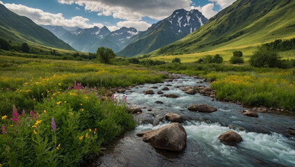 Lush green valley nestled between towering mountains, with wildflowers and a small river flowing through.