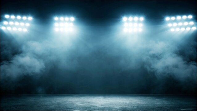 Bright stadium arena lights, Smoke bombs, empty dark scene, neon light, spotlights The concrete floor and studio room with smoke float up the interior texture, night view for display products