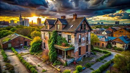 Fototapeta premium Urban Crackhouse Scene with Eerie Atmosphere and Decaying Structure