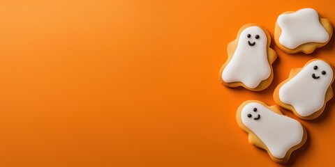 Several Ghost cookies for Halloween with a white icing ghost