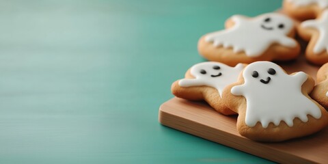Several Ghost cookies for Halloween with a white icing ghost