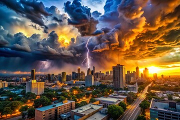 Fototapeta premium Urban Exploration: Contrasts of Sun and Storms in City Landscapes