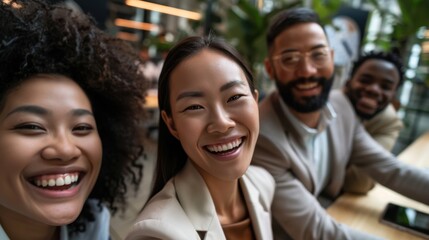 Fototapeta premium Cheerful professional team taking a selfie while collaborating on a corporate project in the office, smiling and engaged in their work together