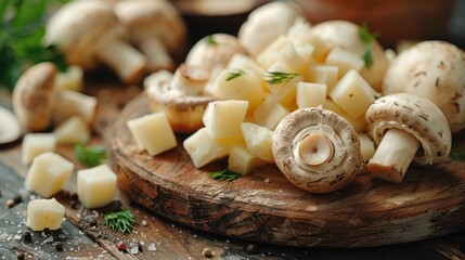 A rustic wooden board featuring sliced cheese and fresh mushrooms, ideal for culinary presentations.