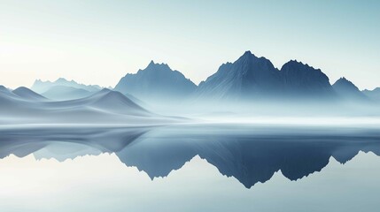 Mountains reflected lake sky background arena entertainment dune abstract forms shapes flowing rhythms dunes empty edges thin fog desert dulled contrast mirrored
