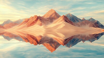 Naklejka premium Mountains reflected lake sky background arena entertainment dune abstract forms shapes flowing rhythms dunes empty edges thin fog desert dulled contrast mirrored 