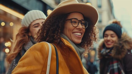 Fototapeta premium Stylish shopping experience for women at a boutique, featuring designer clothes and a focus on discounts. Joyful friends enjoying their time together with shopping bags