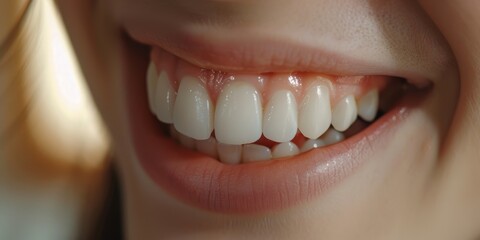 Obraz premium Closeup of a womans teeth showcasing a bright smile and healthy appearance against a studio backdrop. Emphasizing dental care and beauty in a natural and clean look