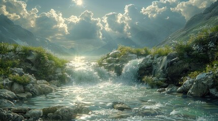 Serene Mountain Stream with Waterfall