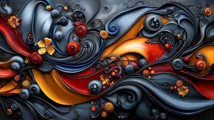 Vibrant waves of red, orange, and blue intertwine with delicate flowers and spirals, creating a stunning abstract composition rich in texture and motion.