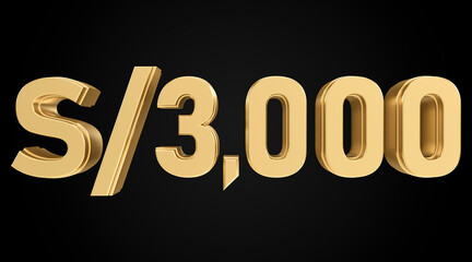 three thousand suns with golden texture, 3D numbers, Peruvian 3D sun symbol