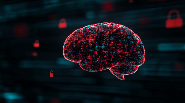 A digital representation of a brain interconnected with technology, symbolizing artificial intelligence, data security, and cognitive processing against a dark background.