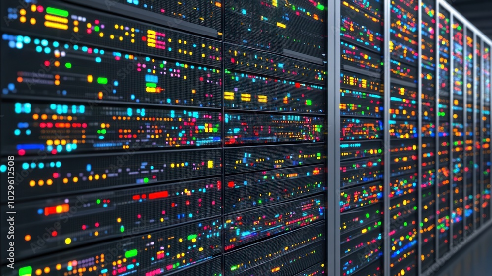 Poster server racks with colorful indicator lights