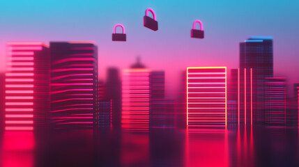 Fototapeta premium A futuristic city skyline illuminated in vibrant pink and blue hues, featuring floating padlocks that symbolize cybersecurity and protection of digital assets.