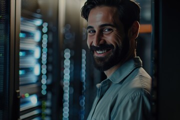 Happy engineer using a tablet in a server room, coding and analyzing data, focused on cybersecurity and database management at night