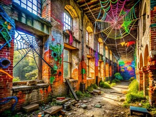 Obraz premium Urban Exploration with Cartoon Spider Webs in Abandoned Cityscapes