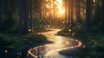 Obraz premium A flowing river winding through a dense forest, with glowing arrows made of light following the river's path, representing the flow of trends. The background features tall trees and a glowing suns
