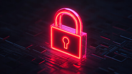A glowing neon lock symbol on a dark digital background, representing security and data protection in the modern age.