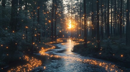 A flowing river winding through a dense forest, with glowing arrows made of light following the river's path, representing the flow of trends. The background features tall trees and a glowing suns