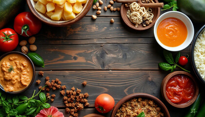 vegetables and spices on wooden table